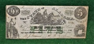 State Of Alabama Five Dollar Confederate Treasury Note No.  5534 - 1st Jan 1864
