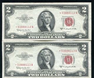 (2) Consecutive 1953 - C $2 Star Red Seal Legal Tender United States Notes Au