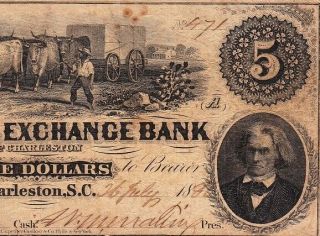 Charleston,  Sc South Carolina $5 1850s Farmers & Exchange Bank Obsolete Note
