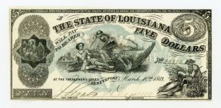 1863 Cr.  14 $5 State Of Louisiana " South Strikes Down Union " Note Ch.  Au