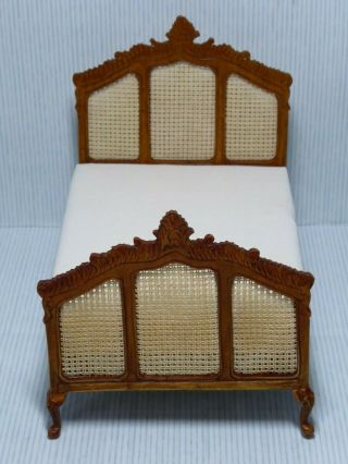 Dolls House Furniture 1;12 Scale Bed With Cane Work Detail & Carved Wood