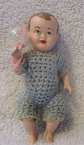 Tiny Unknown All Bisque Baby In Blue Knit Outfit With Rattle So Sweet 4 " Jointed