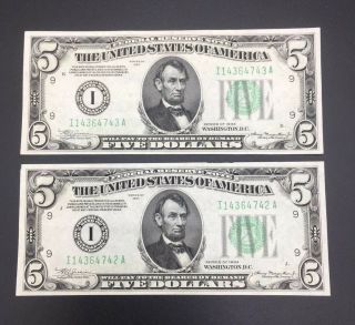 1934 Five Dollar Consecutive Set Of Two Uncirculated Notes
