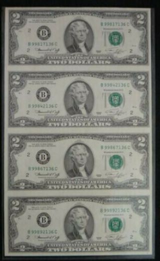 1976 Star Note $2 Dollar Bills Uncirculated,  Uncut Sheet Of 4.  2 Available