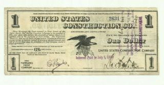 1908 United States Construction Co Terre Haute In Obsolete Note $1 One Dollar