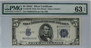 1934 C $5 Silver Certificate Currency Pmg Certified 63 Epq Choice Unc Wide (243a