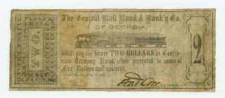 1861 $2 The Central Rail Road & Banking Co.  Of Georgia Note - Civil War Era