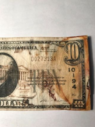 1929 $10 National Currency Brown Seal Note - Error Ink Spill & Wet Ink Transfer