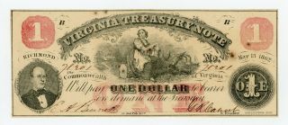 May 15,  1862 Cr.  16 $1 Virginia Treasury Note - Civil War Era Ch.  Au