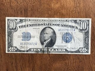 1934 $10 Dollar Bill Silver Certificate Us Note.  Circulated.