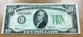 1934 Series $10 Dollar Bill Green Seal Chicago Fr 2004 G Vf