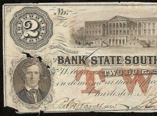 1861 $2 Dollar 86 It South Carolina Bank Note Large Civil War Era Paper Money