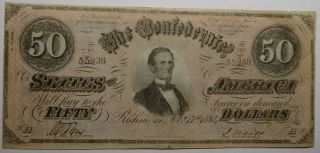 1864 Confederate States Of America $50 Banknote T - 66 Vf Apparent,  Border Tears