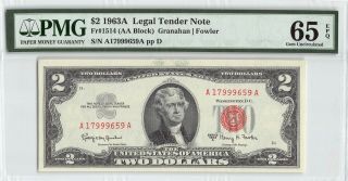 United States 1963a Fr.  1514 Pmg Gem Unc 65 Epq $2 Legal Tender Note