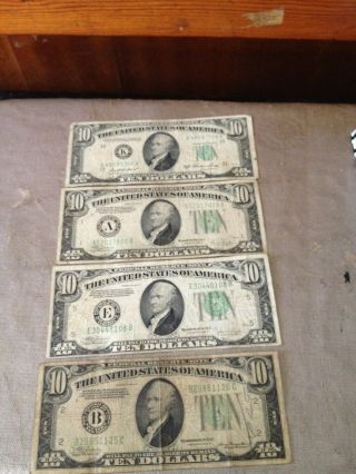 4 Ten Dollar Bills - 1934a,  1934c (2) And 1950a - Vg
