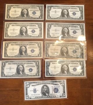 1935 - 1957 $1 Silver Certificate Notes & 1934 $5 Five Dollar Us Paper Notes
