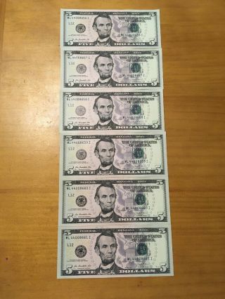 2013 $5 Dollar Bill Consecutive Set Of Six Uncirculated Notes Us Paper Money