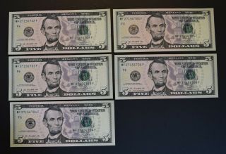 2013 $5 Dollar Bill Consecutive Set Of Five Uncirculated Notes Us Paper Money