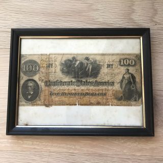 August 26th 1862 Confederate Currency One Hundred Dollar Bill Loose In Frame