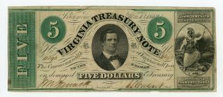 1862 Cr.  13 $5 Virginia Treasury Note - Civil War Era