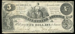 1861 Confederate States Csa $5 Five Dollars T - 36 Note