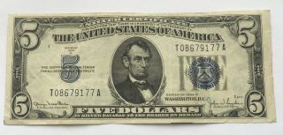 1934 D $5 United States Note Five Dollar Bill With Blue Seal