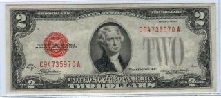 1928 - D,  $2.  00 United States Note,  Is Cu; Red Seal.