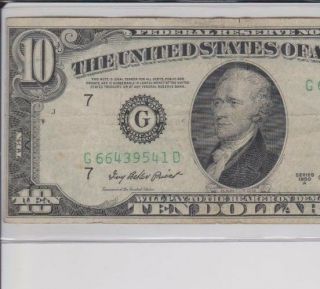 1950 series G/D (CHICAGO) $10 Dollar Federal Reserve Note Bill US Currency AU 3