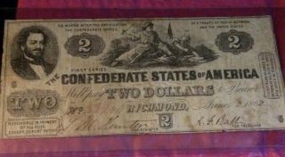1862 T - 42 $2 The Confederate States Of America Note - Civil War Era