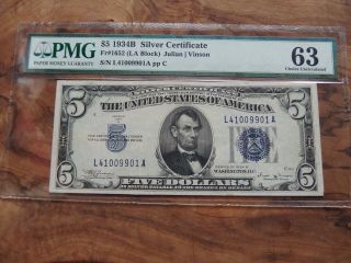 $5 5 Dollars 1934 B Silver Certificate Pmg 63 (la Block)