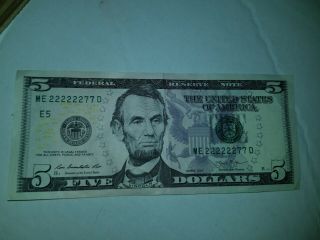 2013 $5 Dollar Bill Fancy Binary Serial Number Note Me 22222277 D 5 Of A Kind
