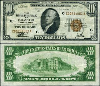 Fr.  1860 C $10 1929 Federal Reserve Bank Note Philadelphia C - A Block Vf