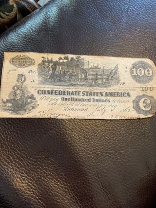 July 4 1862 Confederate States 100 Dollar Bill Richmond Virginia