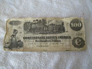 1862 Confederate States Of America Confederate Currency 100 Dollar Bill Richmond