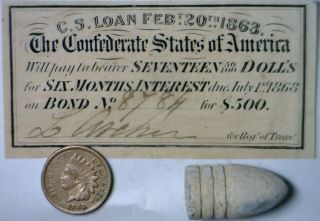 1863 Civil War Confederate $17.  50 Csa Note,  Cw Bullet,  1863 Indian Cent Coin Nr