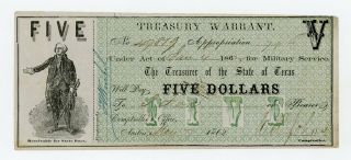 1862 Cr.  11 $5 Texas Treasury Warrant - Civil War Era