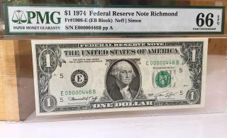 1974 $1 Richmond Federal Reserve Note ( (low Serial Number))  00000446 Pmg 66 Epq