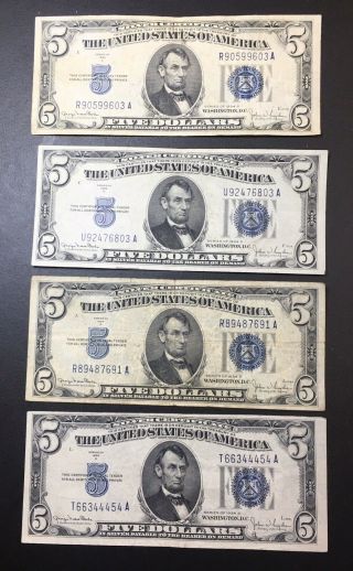 4 - 1934 D Circulated Five Dollar $5 Blue Seal Silver Certificate Note 34d Xf/au