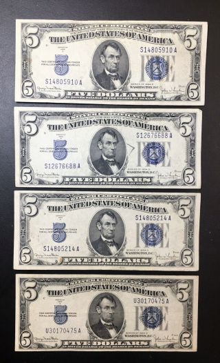 4 - 1934 D Circulated Five Dollar $5 Blue Seal Silver Certificate Note 34d Xf,
