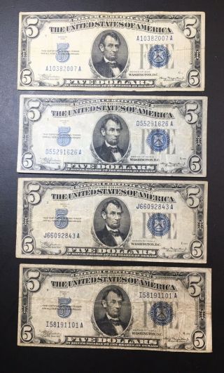 4 - 1934 Circulated Five Dollar $5 Blue Seal Silver Certificate Note 34 & 34 A