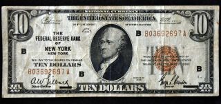 1929 Series $10 Ten Dollar Federal Reserve Bank Of York Note Bill I218