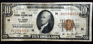 1929 Series $10 Ten Dollar Federal Reserve Bank Of St.  Louis Currency Bill