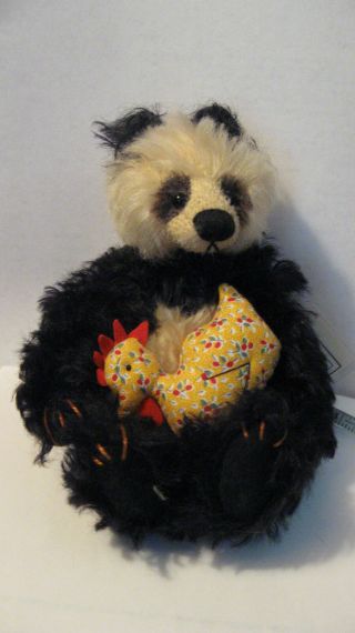 Deb Canham Brooster And Rooster Mohair Panda Bear W Calico Chick 7 "