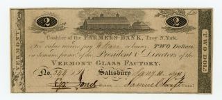 1814 $2 The Vermont Glass Factory - Salisbury,  Vermont Note At Farmers Bank (ny)
