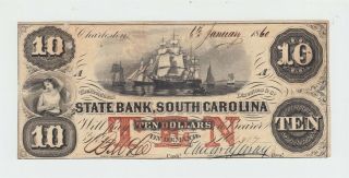 1860 State Bank Of South Carolina Charleston Banknote $10 Note Obsolete Currency
