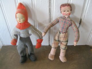 Vintage Handmade Folk Dolls - 7 " Tall Clothes Boys - Great Country Decor