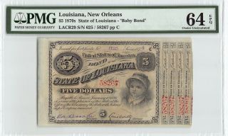 Louisiana,  Orleans 1870s Pmg Choice Unc 64 Epq $5 “baby Bond "