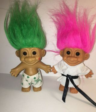 2 Russ 4 1/2 " Troll Dolls Irish Lucky Green & Karate Pink Hair Amram’s