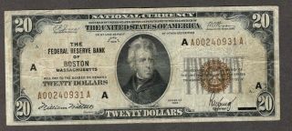 1929 $20 Fed.  Res.  Bank Note Boston District,  Fine,