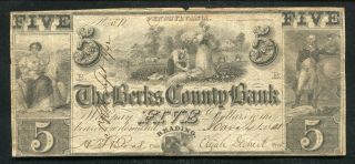 1841 $5 The Berks County Bank Reading,  Pa Obsolete Banknote (b)